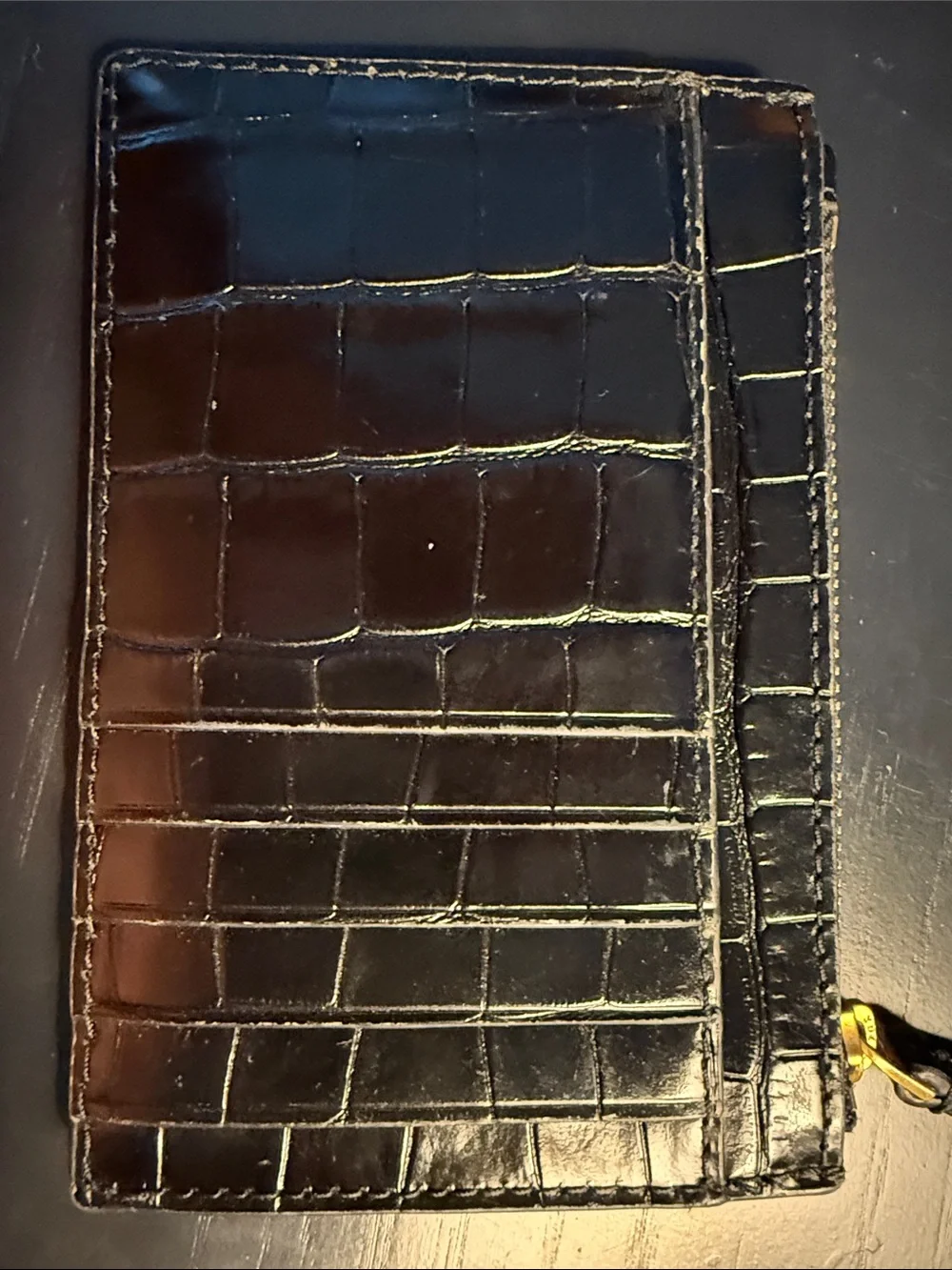 Tory Burch Black Croc-Embossed Zip Wallet with Gold Logo